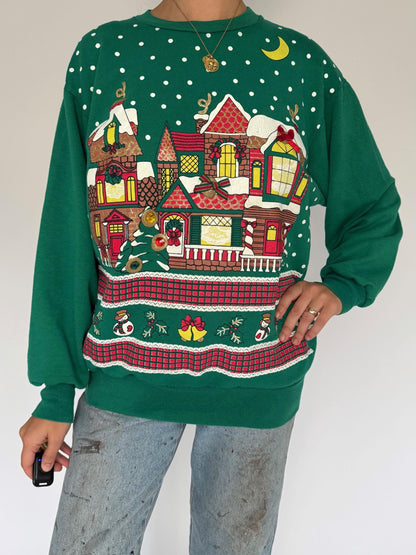 80s vintage green winter outdoor christmas graphic pullover sweater – medium large