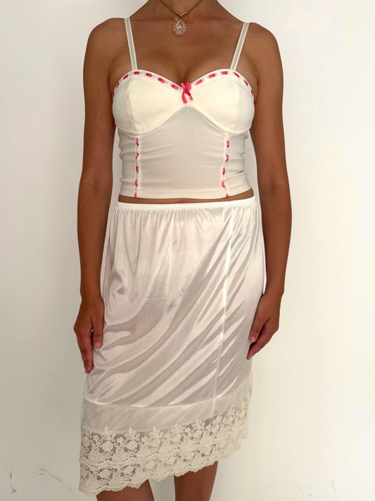 y2k vintage white pink lace ribbon trim cropped cami tank top – small | made in Italy coquette kawaii bustier