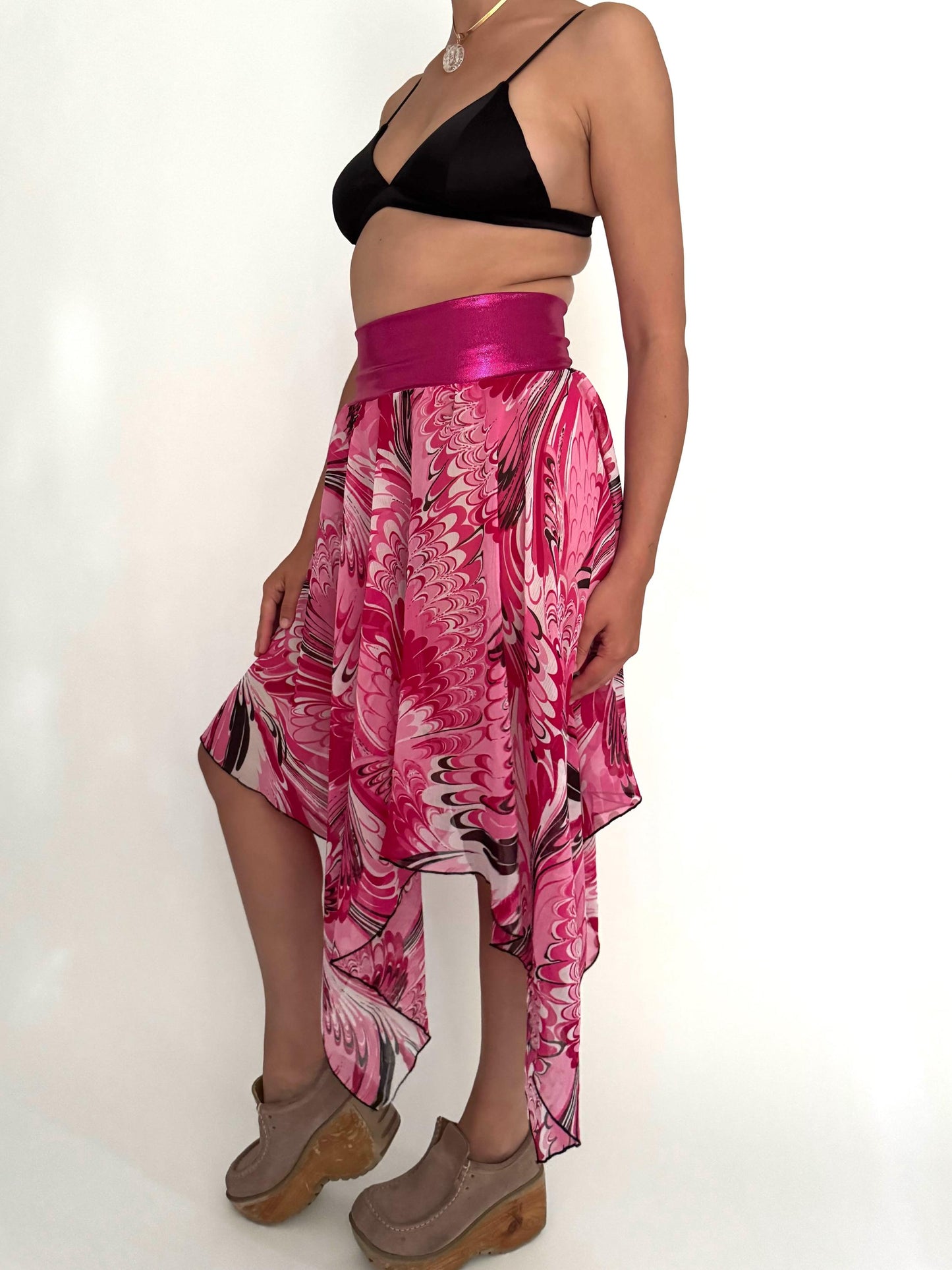 y2k vintage pink asymmetrical sheer flowy midi skirt – small medium | abstract fairy grunge coquette skirt