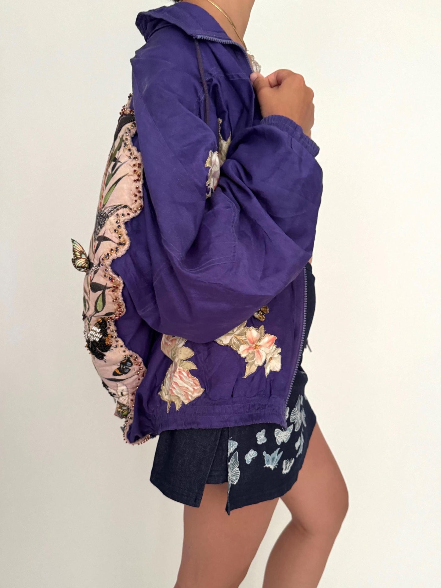 vintage reworked fairy butterfly purple silk bomber jacket - medium | one of a kind whimsical upcycled custom jacket