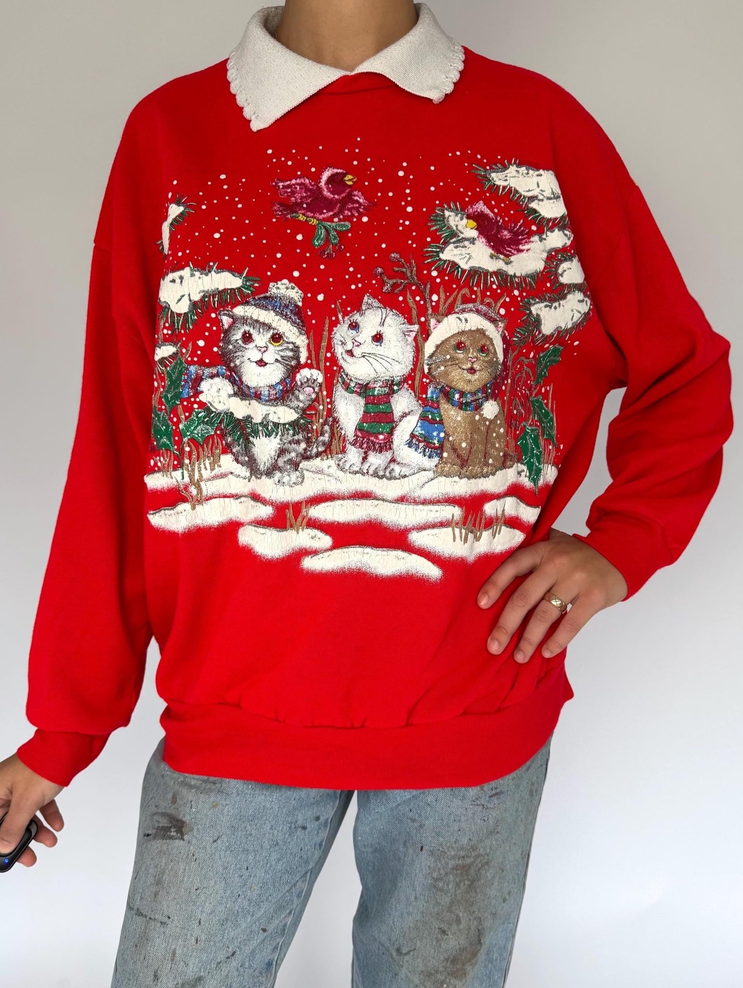 90s vintage red kittens cat christmas graphic pullover sweatshirt – large