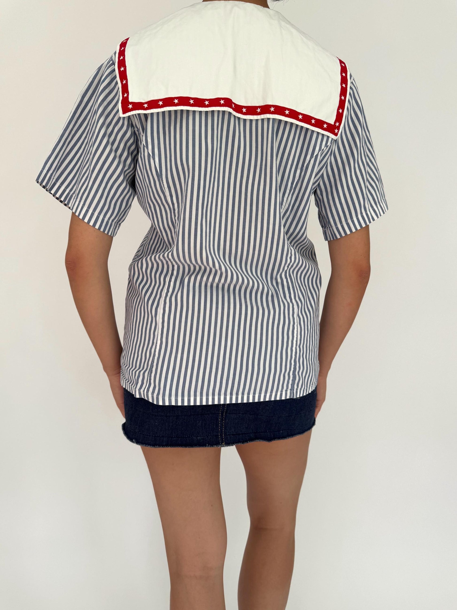 90s vintage striped nautical sailor collar button up blouse – small | novelty tie up front cotton shirt