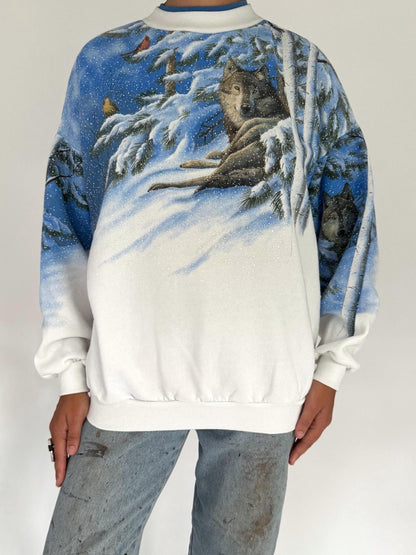 90s vintage wolf animal snowy winter graphic pullover sweatshirt – small medium