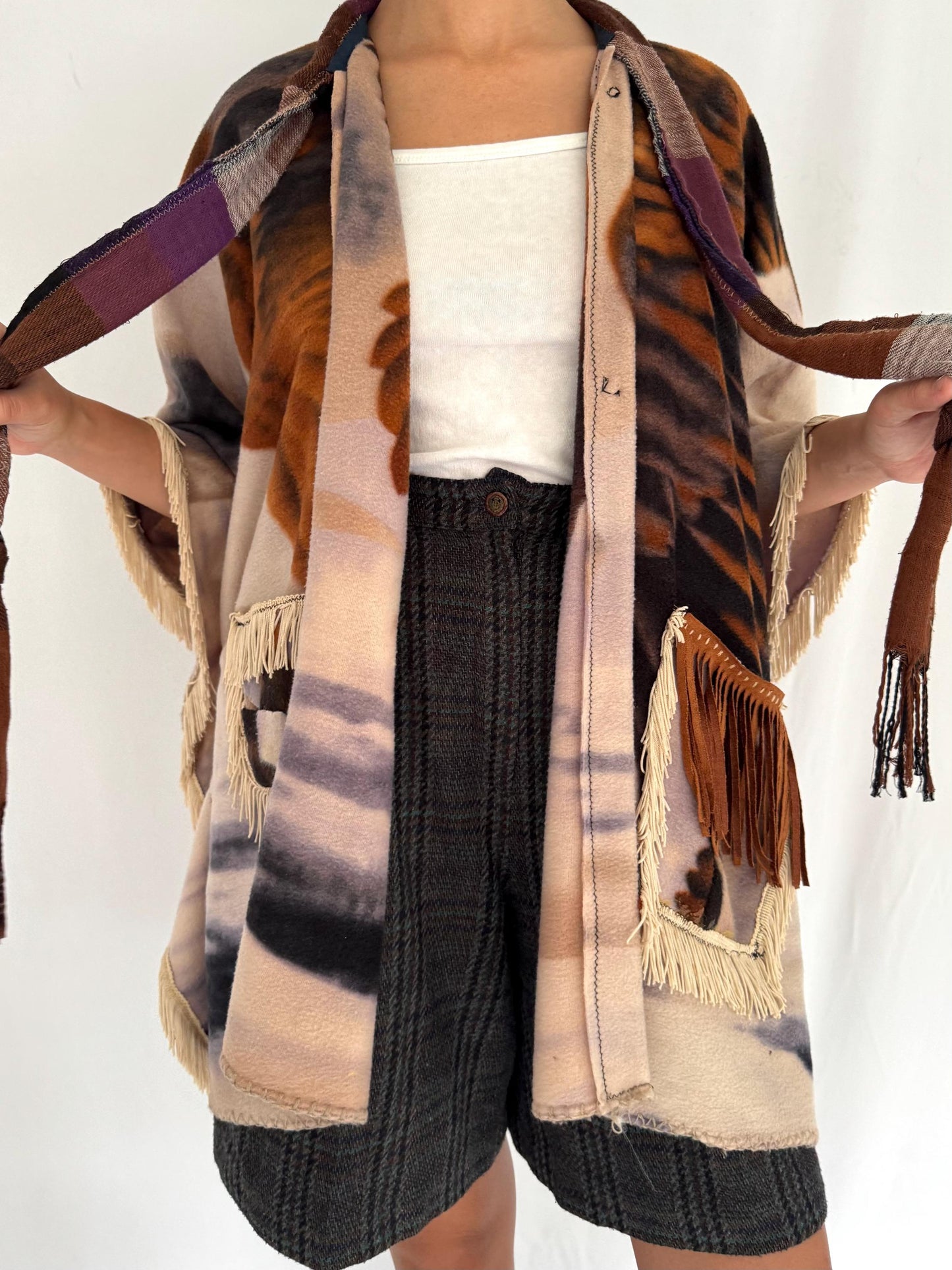 vintage one size homemade eagle print fringed fleece poncho cape
