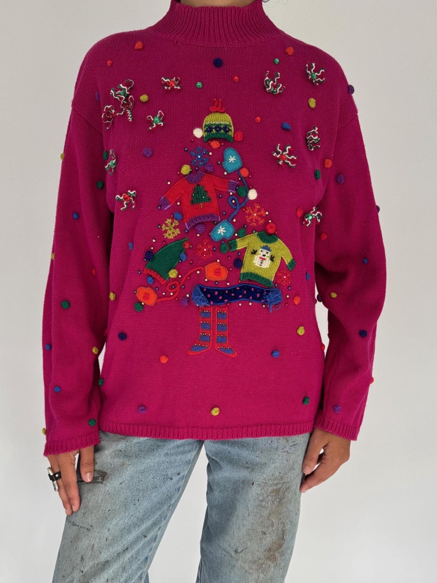 90s vintage pink embroidered ugly christmas long sleeved knit sweater – medium