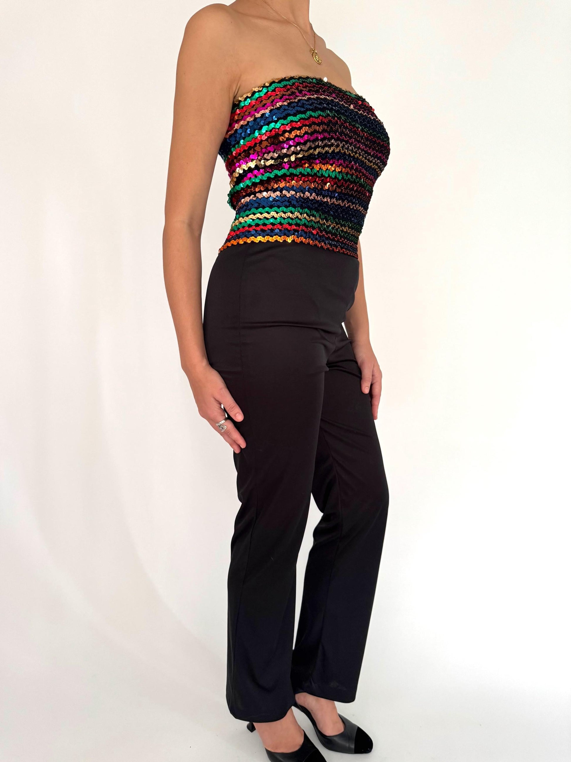 70s vintage black rainbow sequin disco strapless jumpsuit
