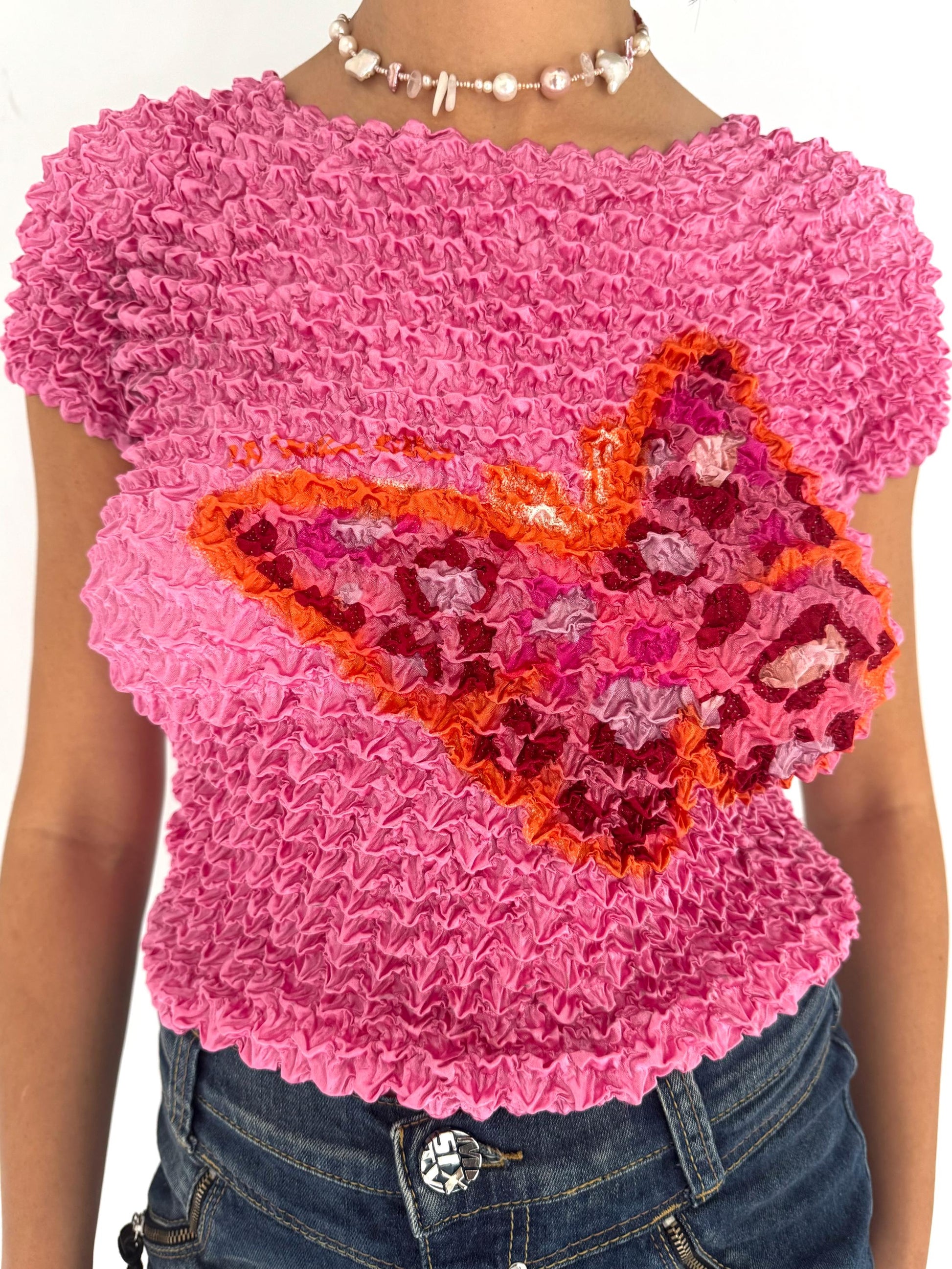 90s vintage pink butterfly graphic popcorn crop top