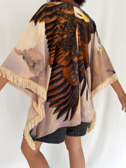 vintage one size homemade eagle print fringed fleece poncho cape
