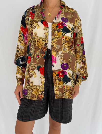 80s vintage multicolor baroque abstract print pure silk button up blouse