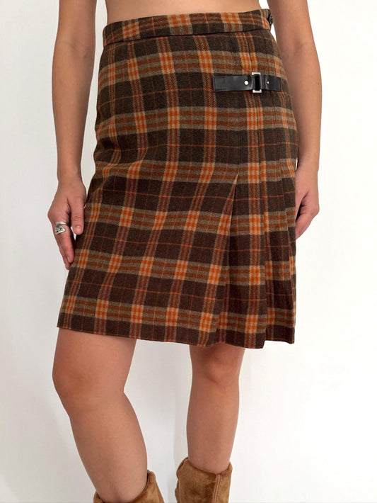 80s vintage brown plaid tartan pleated mini skirt