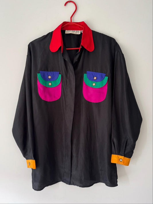 90s vintage black rainbow colorblock collared button up blouse