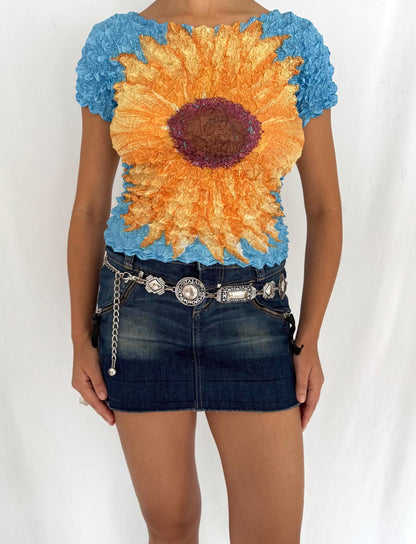 90s vintage blue multicolor sunflower floral graphic popcorn crop top