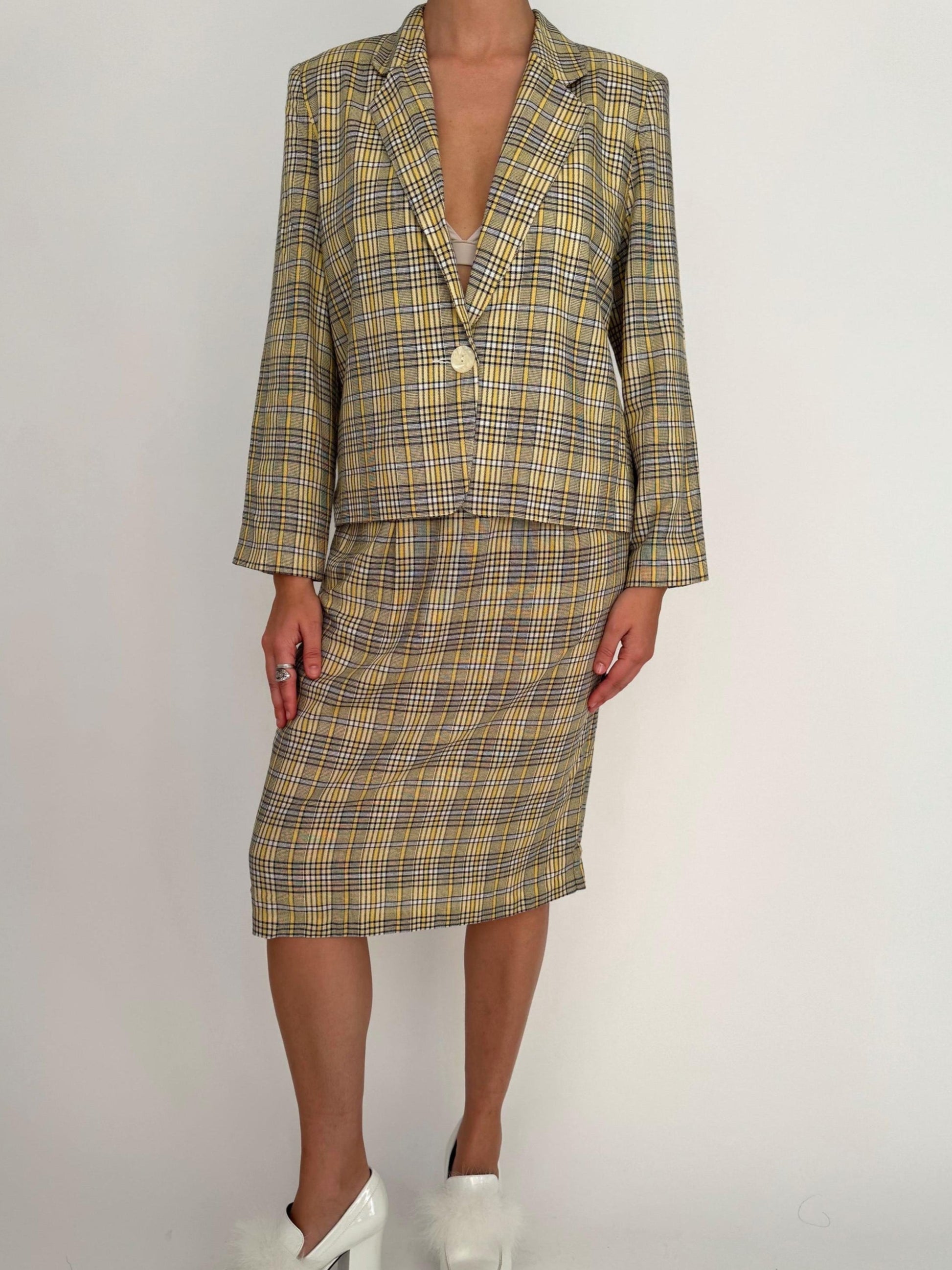 90s vintage yellow tartan plaid blazer skirt matching suit set
