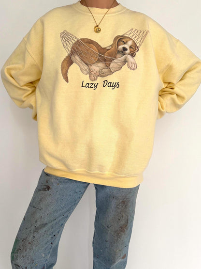 90s vintage yellow Lazy Days puppy animal graphic pullover sweatshirt | cotton crewneck sweater