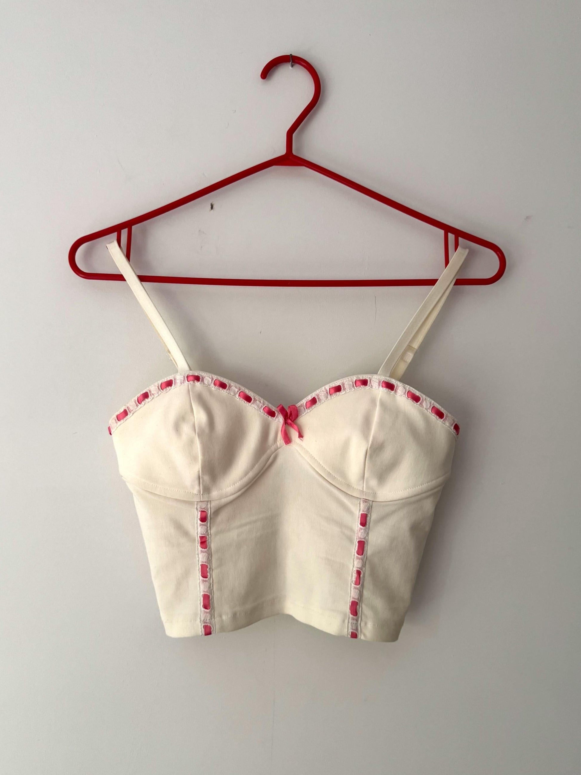 y2k vintage white pink lace ribbon trim cropped cami tank top – small | made in Italy coquette kawaii bustier