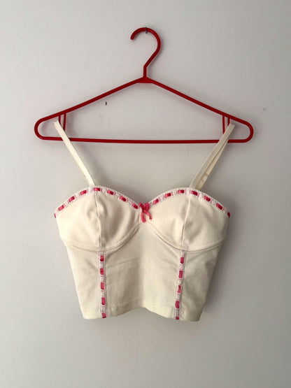 y2k vintage white pink lace ribbon trim cropped cami tank top – small | made in Italy coquette kawaii bustier