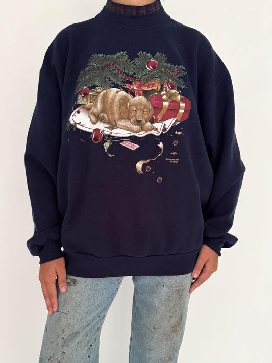 90s vintage navy blue christmas dog puppy graphic pullover sweatshirt – large