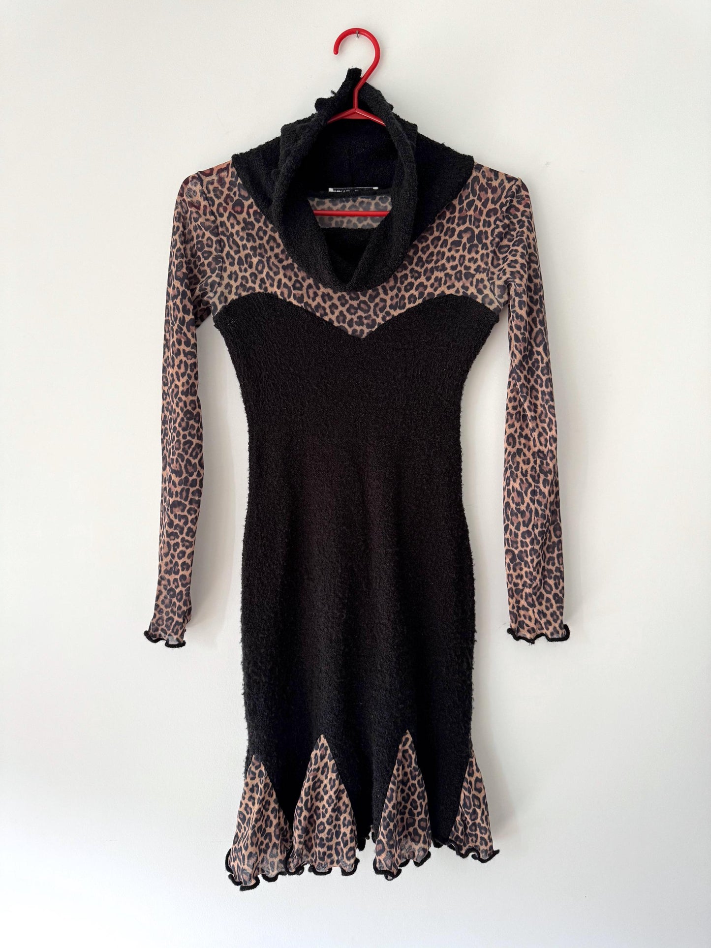 y2k vintage black leopard animal print fairy grunge short mini dress – small | zone bleue made France whimsigoth fairycore knit mesh dress