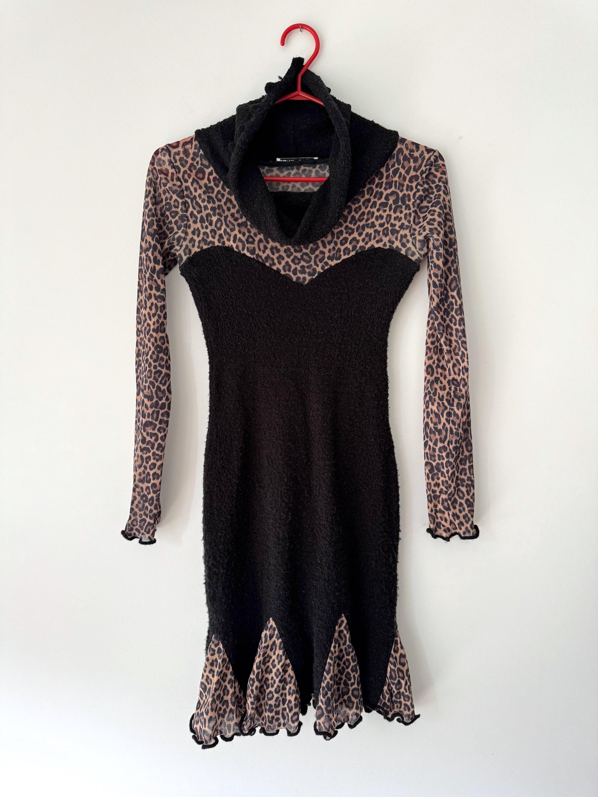y2k vintage black leopard animal print fairy grunge short mini dress – small | zone bleue made France whimsigoth fairycore knit mesh dress