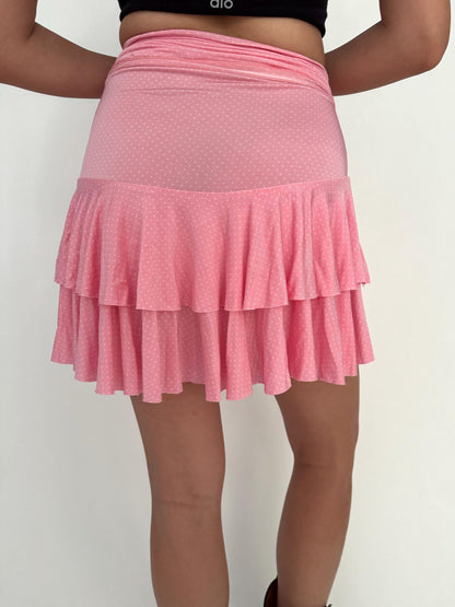90s vintage pink polka dot ruffled mini skirt – small medium | slinky stretch coquette made in Italy