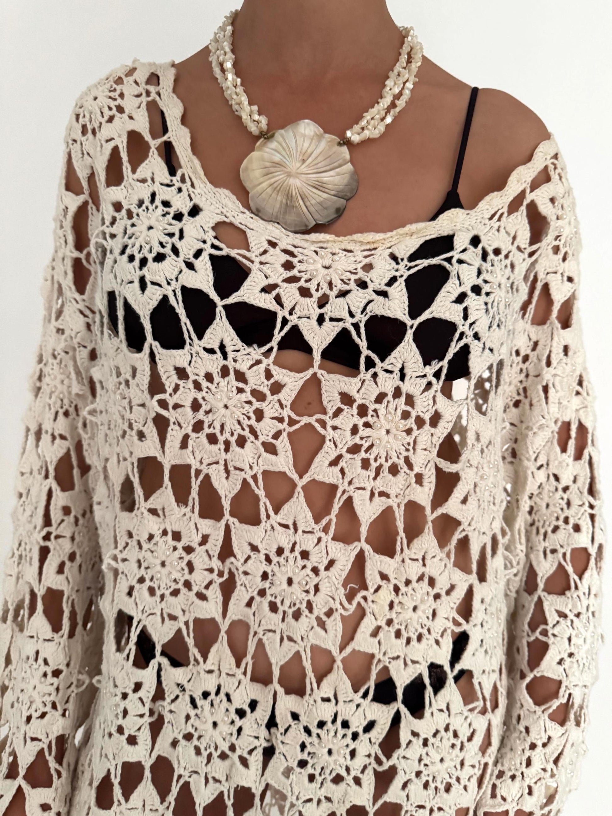 90s vintage cream crochet floral open knit midi dress – large | boho hippy fringed vacation cover up