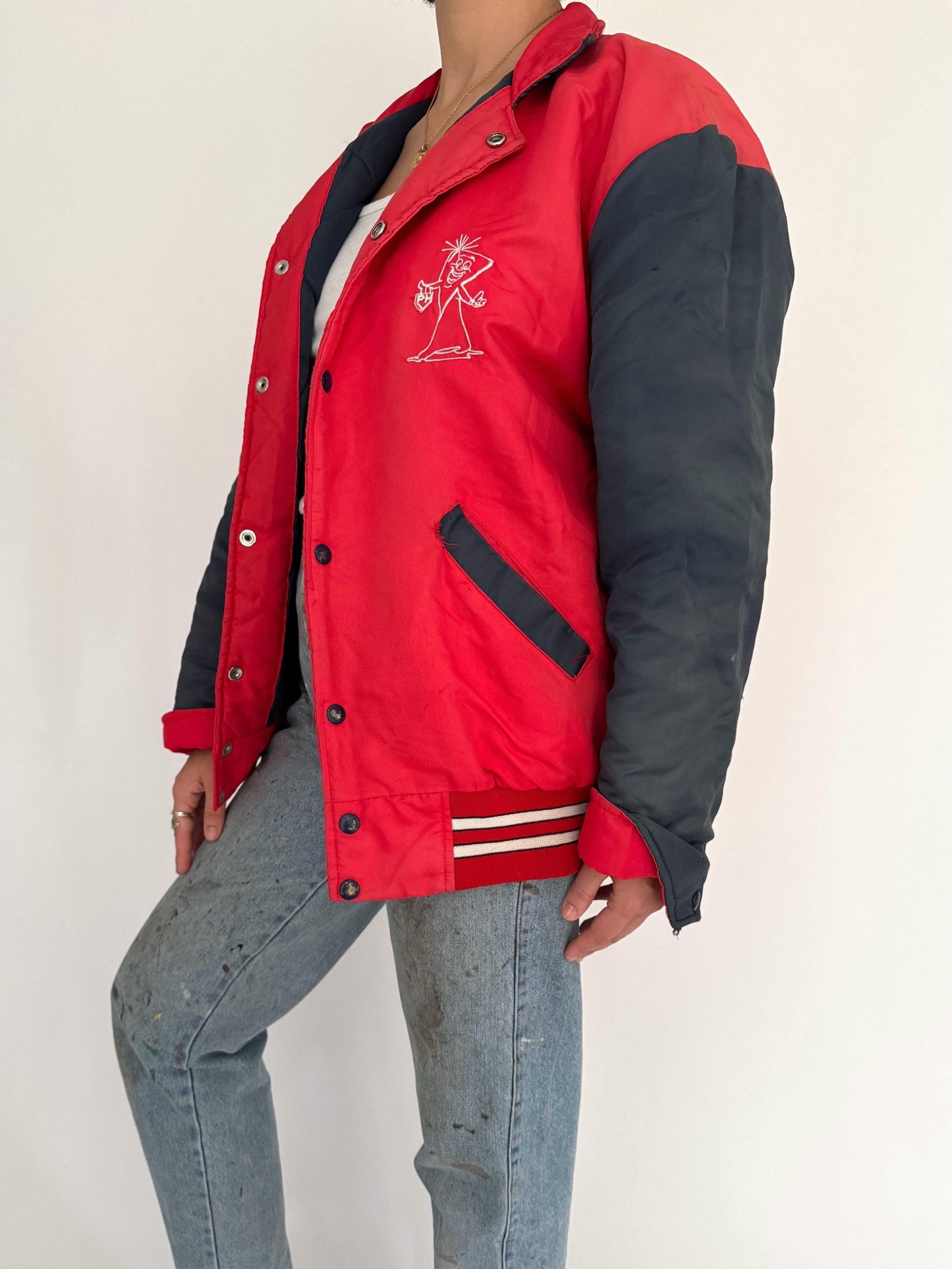 90s vintage red blue spellout puffy bomber jacket