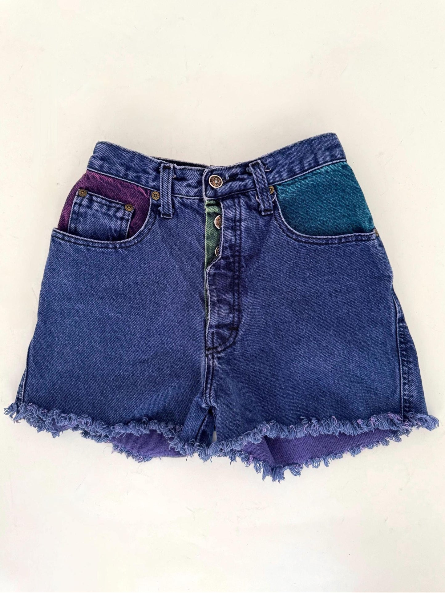 90s vintage colorblock mini denim shorts – XXS extra small 22" waist | ZENA high waist rise jean shorts