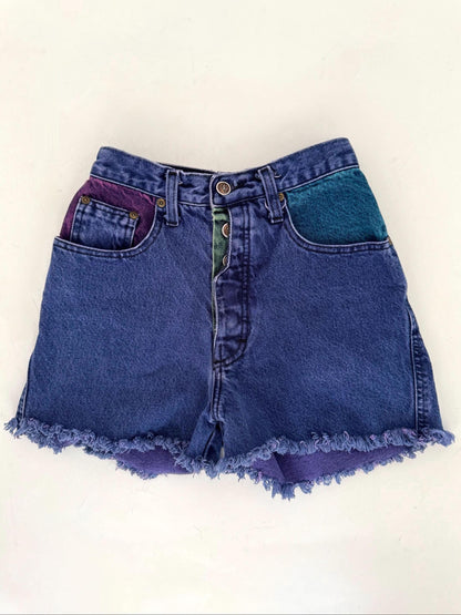 90s vintage colorblock mini denim shorts – XXS extra small 22" waist | ZENA high waist rise jean shorts