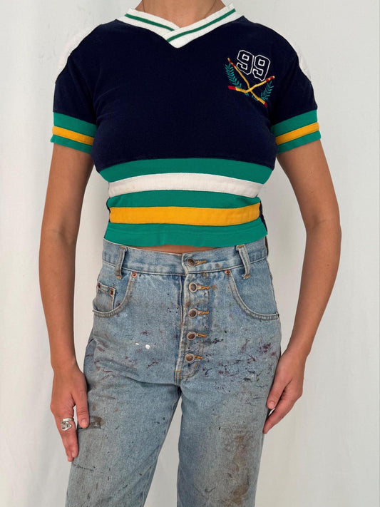 90s vintage multicolor striped hockey embroidered crop top