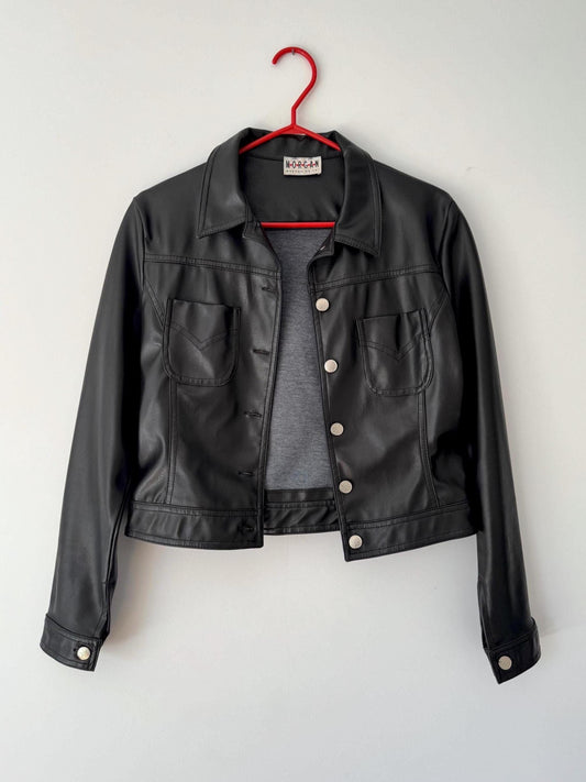 y2k vintage black faux leather collared moto jacket