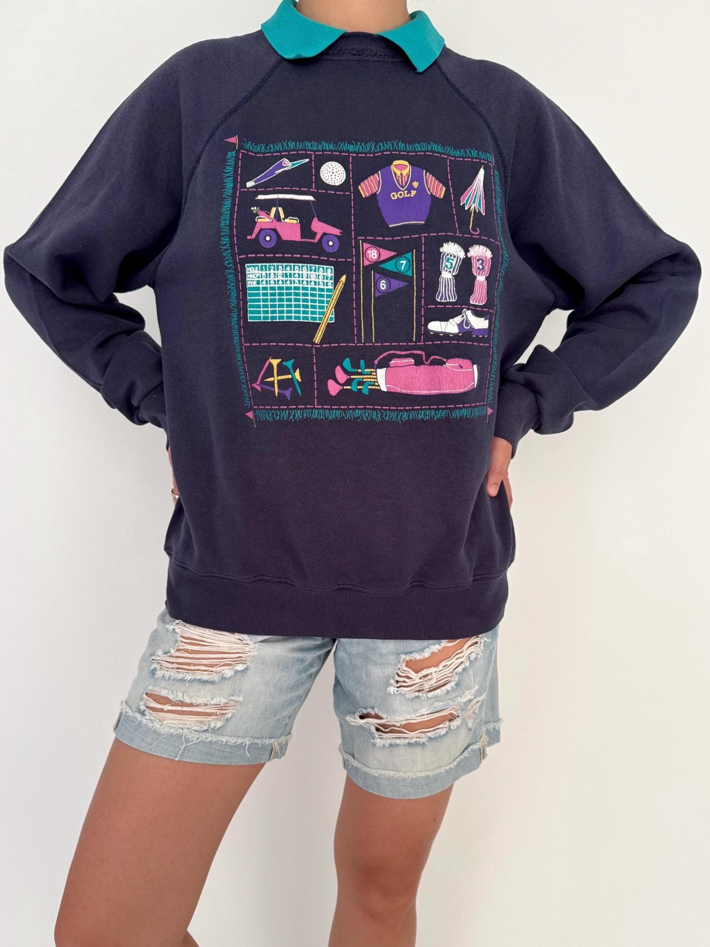 90s vintage blue golf graphic collared pullover sweatshirt | made in USA cotton sweater