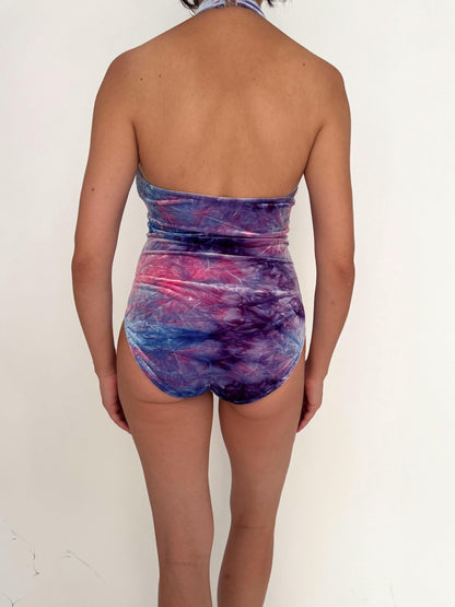 vintage purple crushed velvet halter bodysuit – medium | tie dye festival dance party stretch one piece leotard