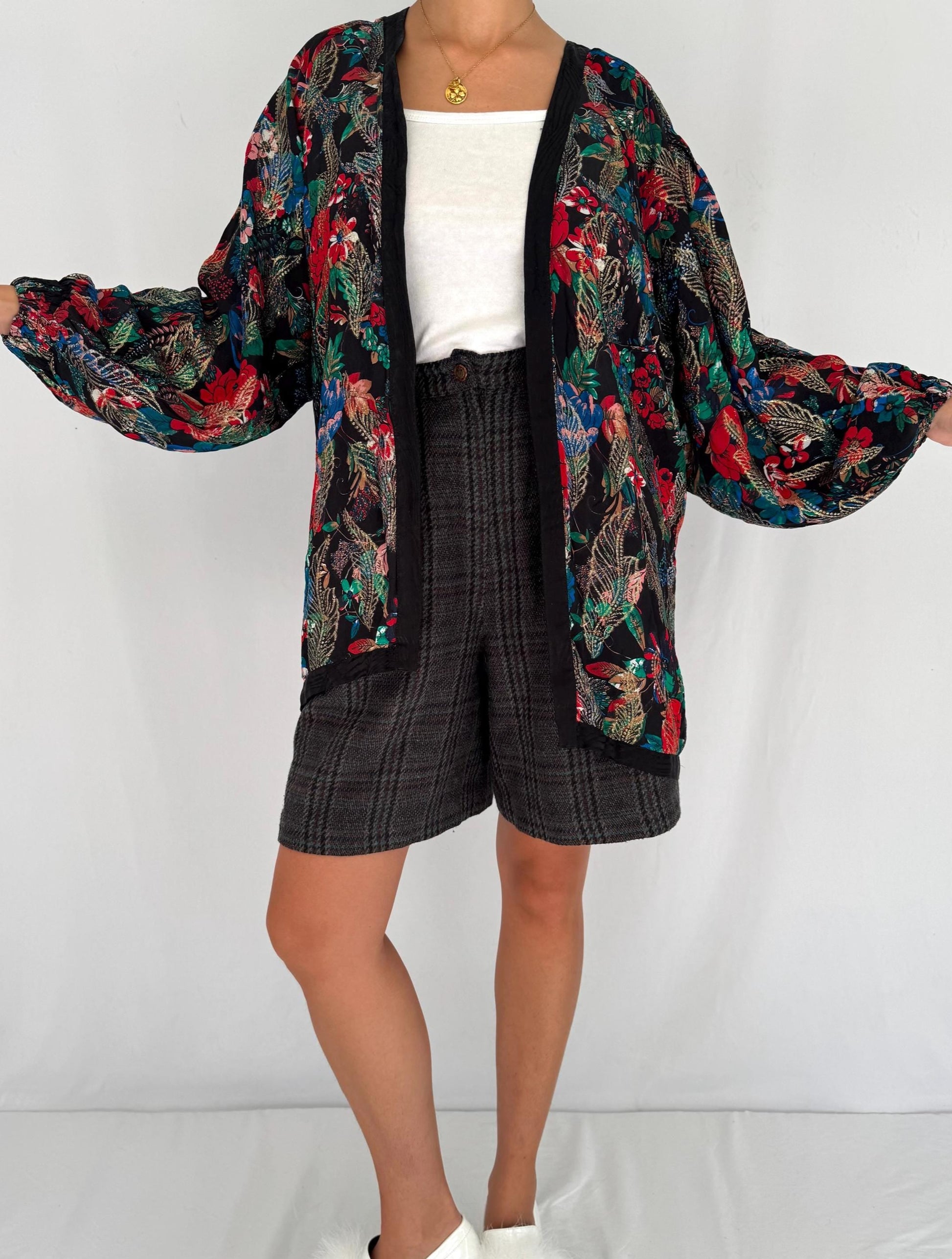 80s vintage abstract floral print light silk open front jacket