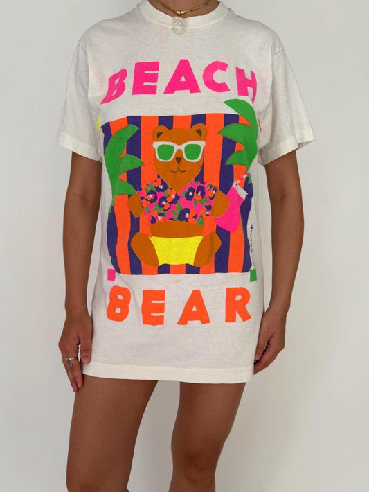 80s vintage colorful neon Beach Bear graphic long tee shirt – small | novelty souvenir cotton top
