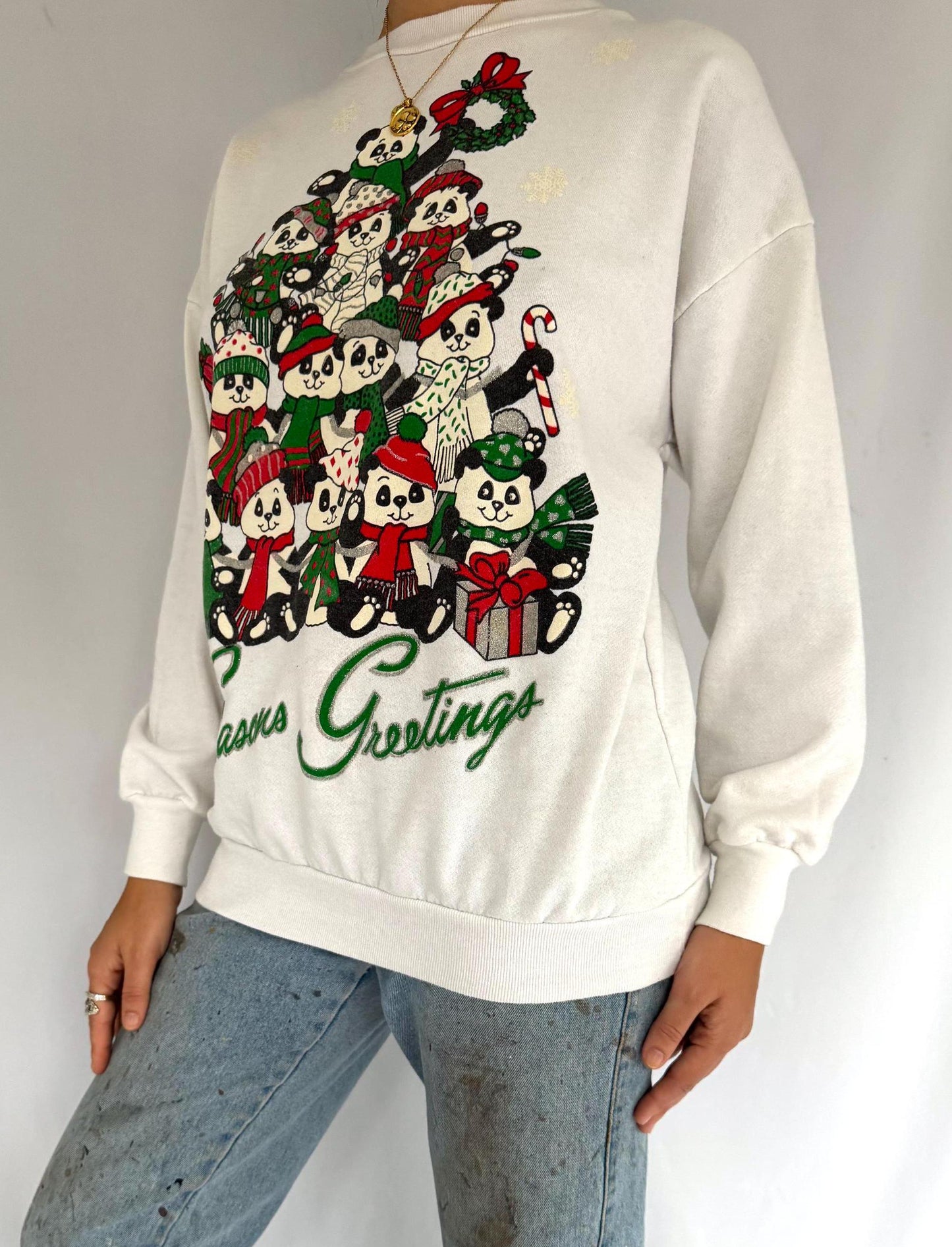 80s vintage white panda christmas tree graphic pullover sweater – medium