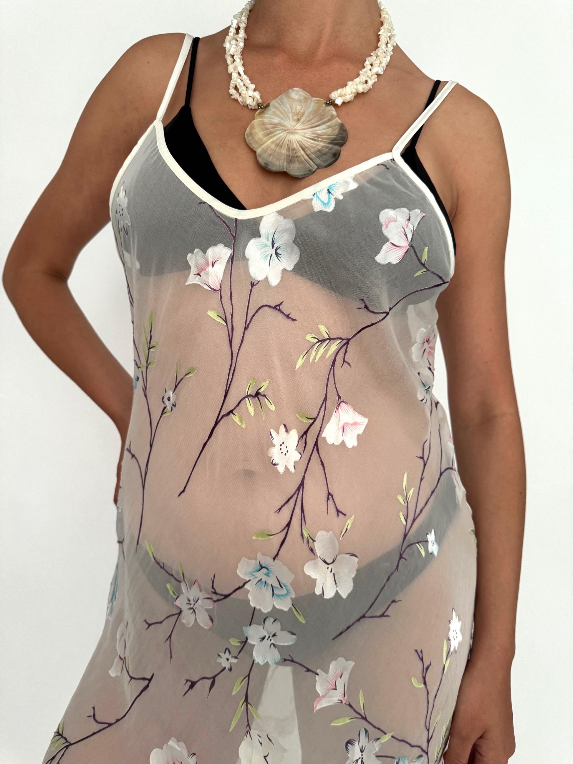 vintage cream floral embroidered lace trim sheer slip dress - medium | made in Spain chemise nightgown