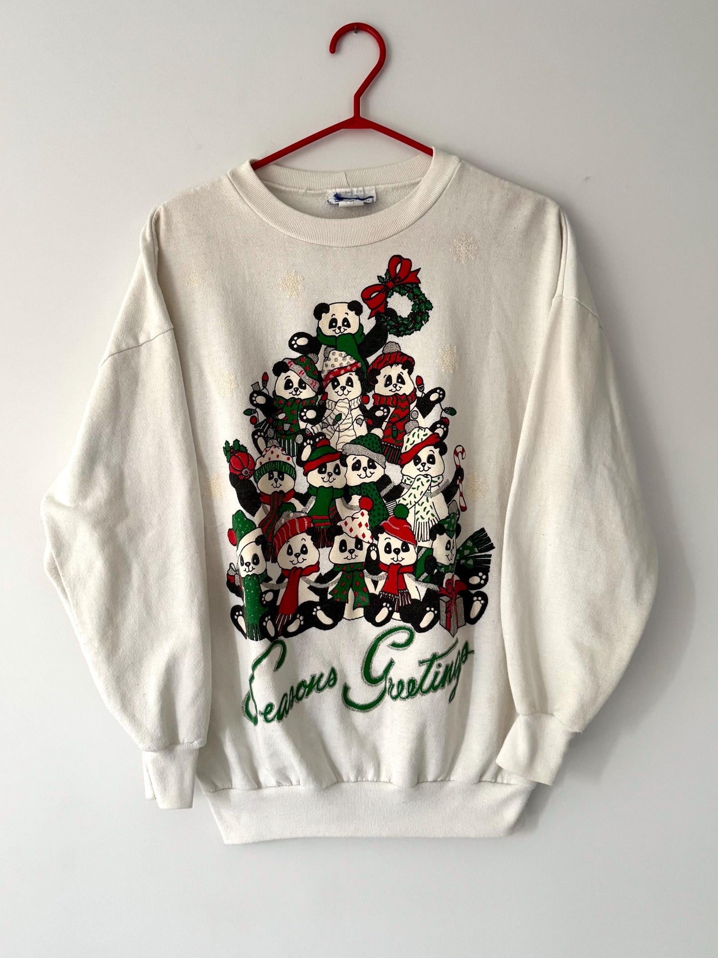 80s vintage white panda christmas tree graphic pullover sweater – medium