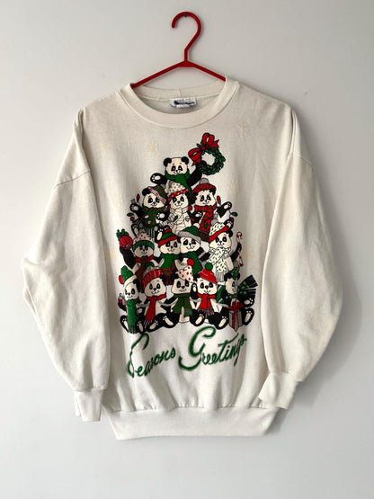 80s vintage white panda christmas tree graphic pullover sweater – medium