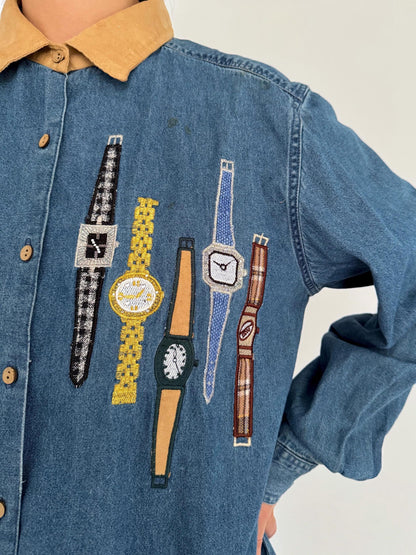 90s vintage blue denim wrist watches novelty embroidered button up shirt