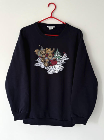 90s vintage blue teddy bear winter sleigh graphic pullover sweatshirt – medium