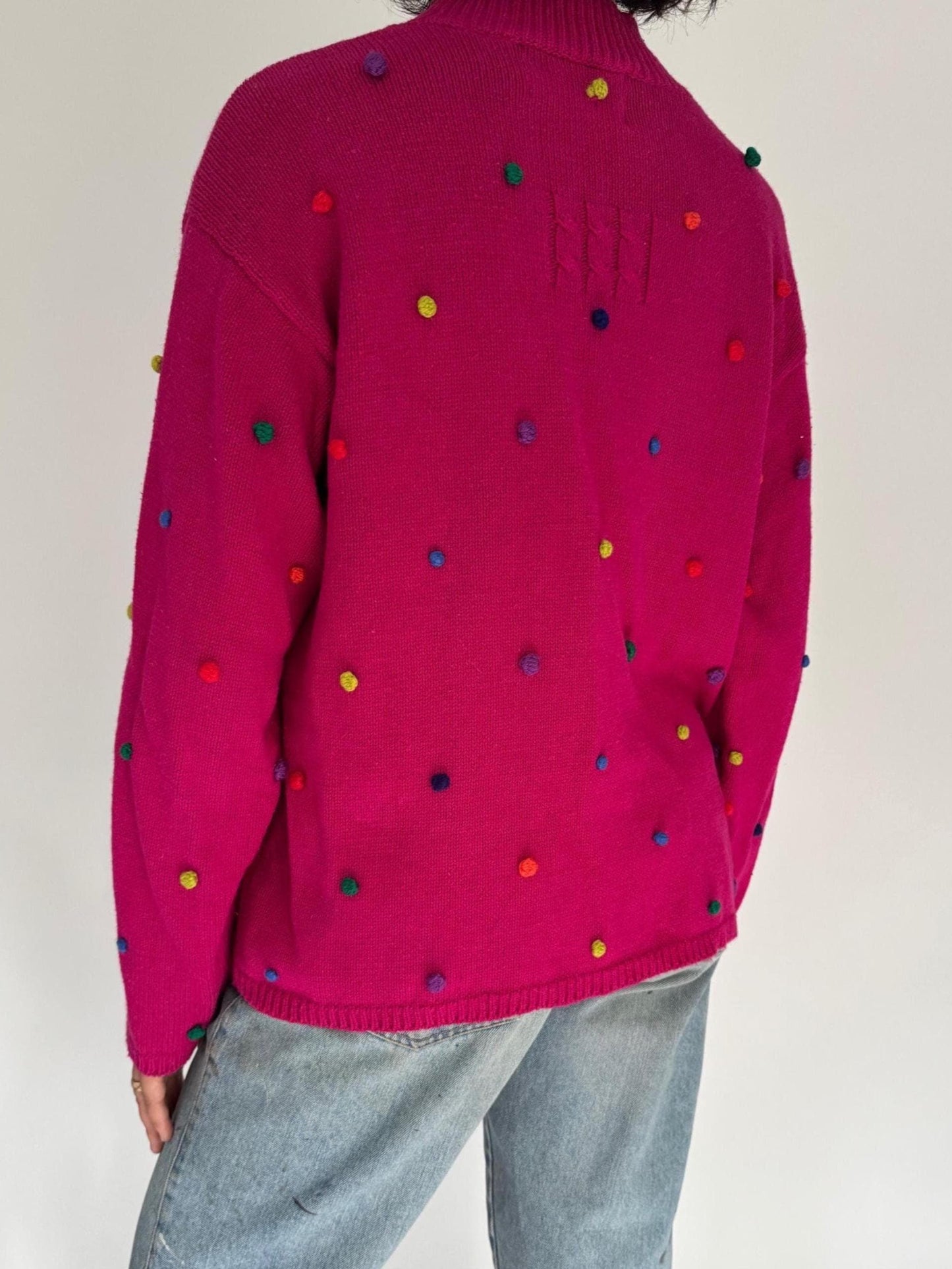 90s vintage pink embroidered ugly christmas long sleeved knit sweater – medium