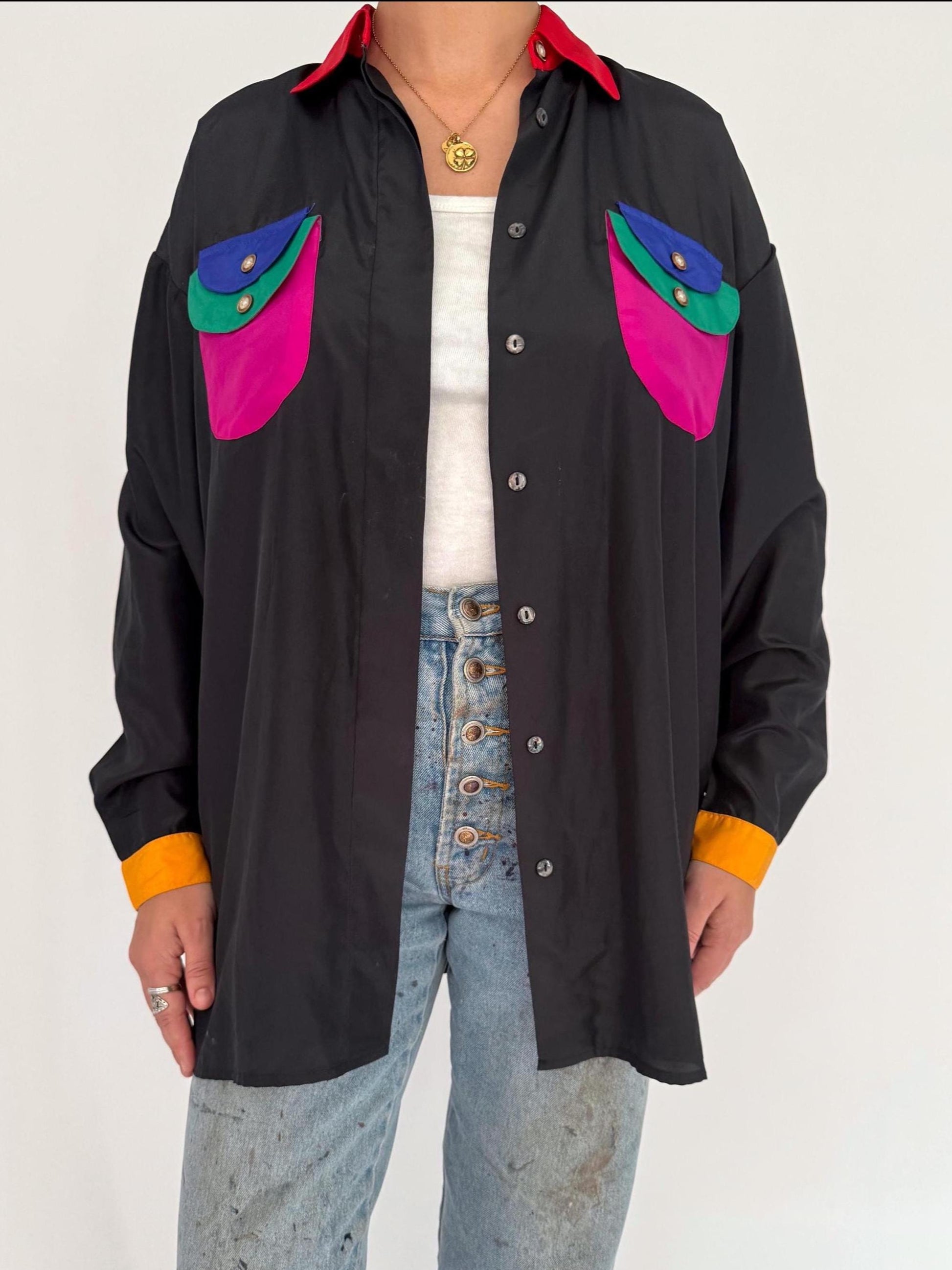 90s vintage black rainbow colorblock collared button up blouse