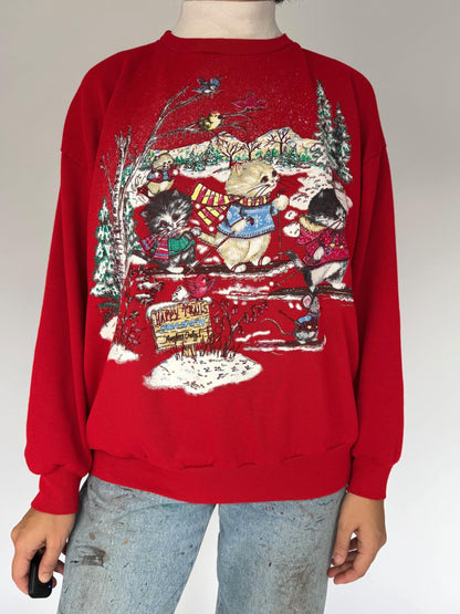 90s vintage red kittens cat christmas graphic pullover sweatshirt – small