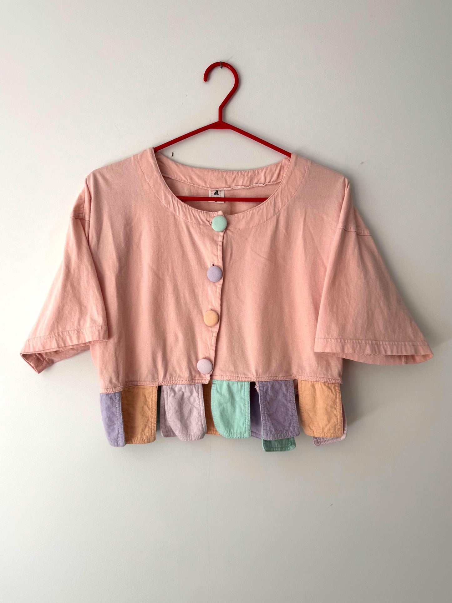 vintage pink pastel cotton button up crop top – small medium | retro clown short sleeved cropped shirt