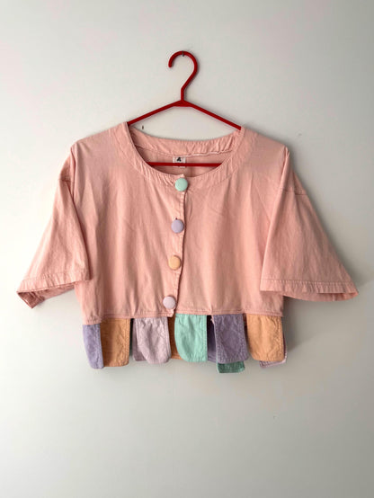 vintage pink pastel cotton button up crop top – small medium | retro clown short sleeved cropped shirt
