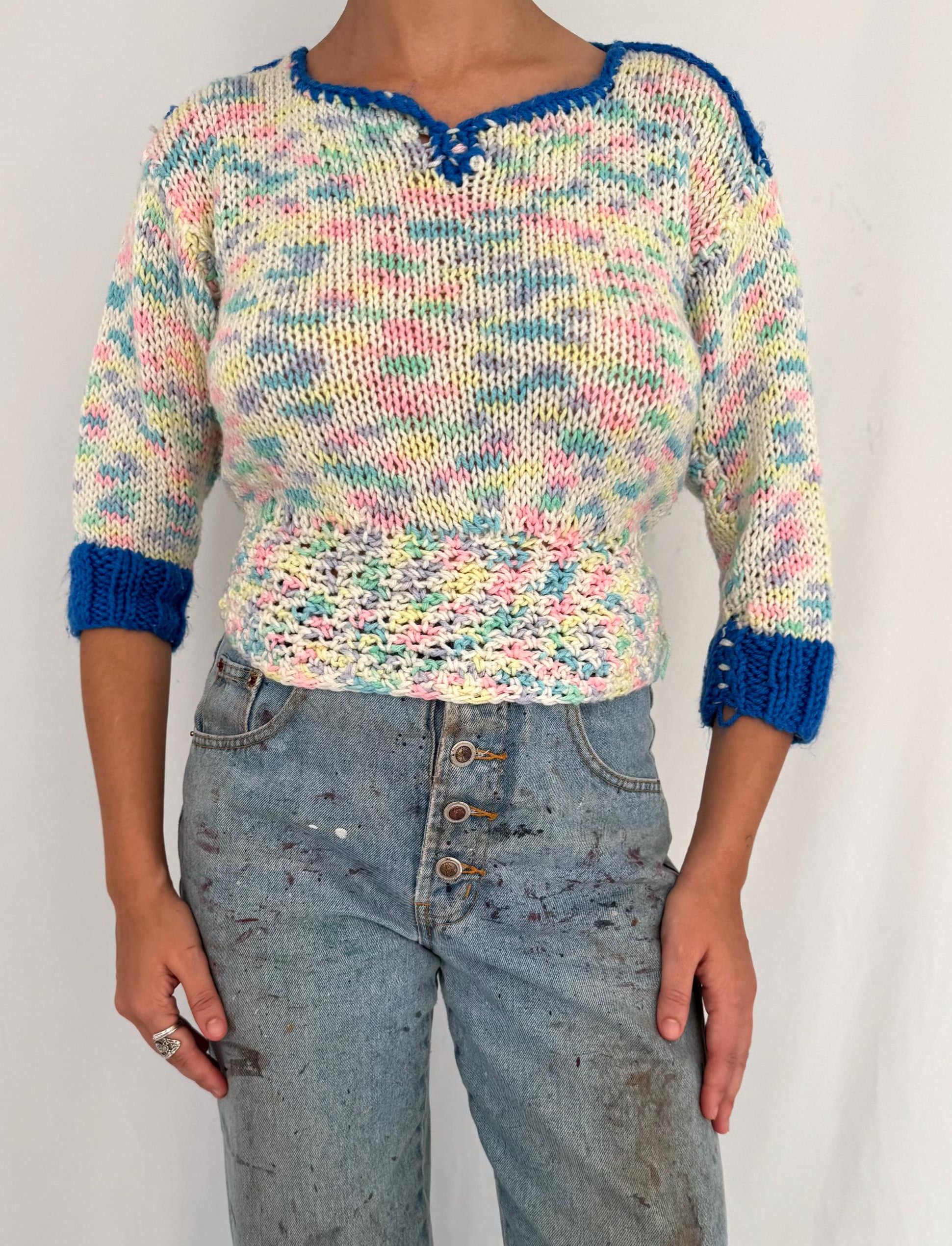vintage colorful rainbow hand knit cropped sweater 