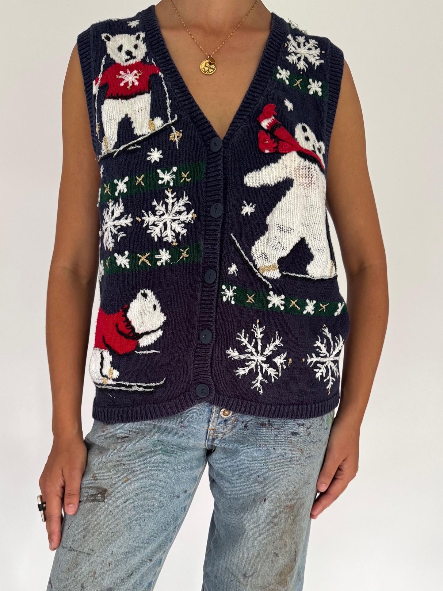 90s vintage navy blue skiing bears ugly christmas knit sweater vest – medium
