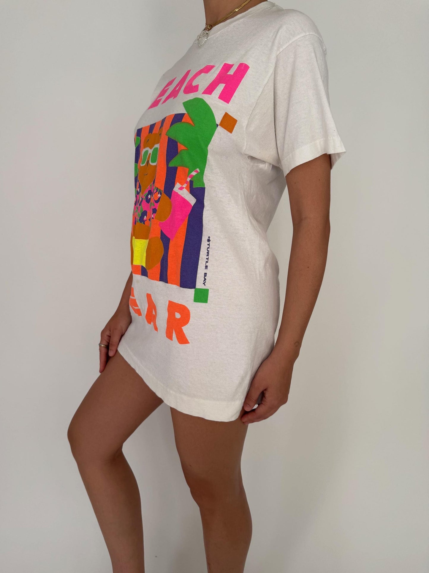 80s vintage colorful neon Beach Bear graphic long tee shirt – small | novelty souvenir cotton top
