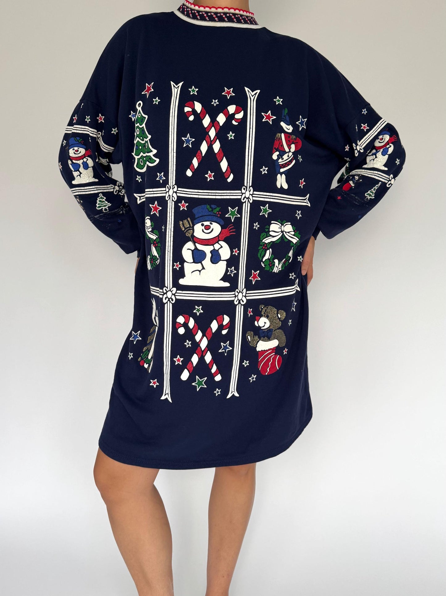 90s vintage navy blue holiday christmas graphic long sleeved pajama dress – large