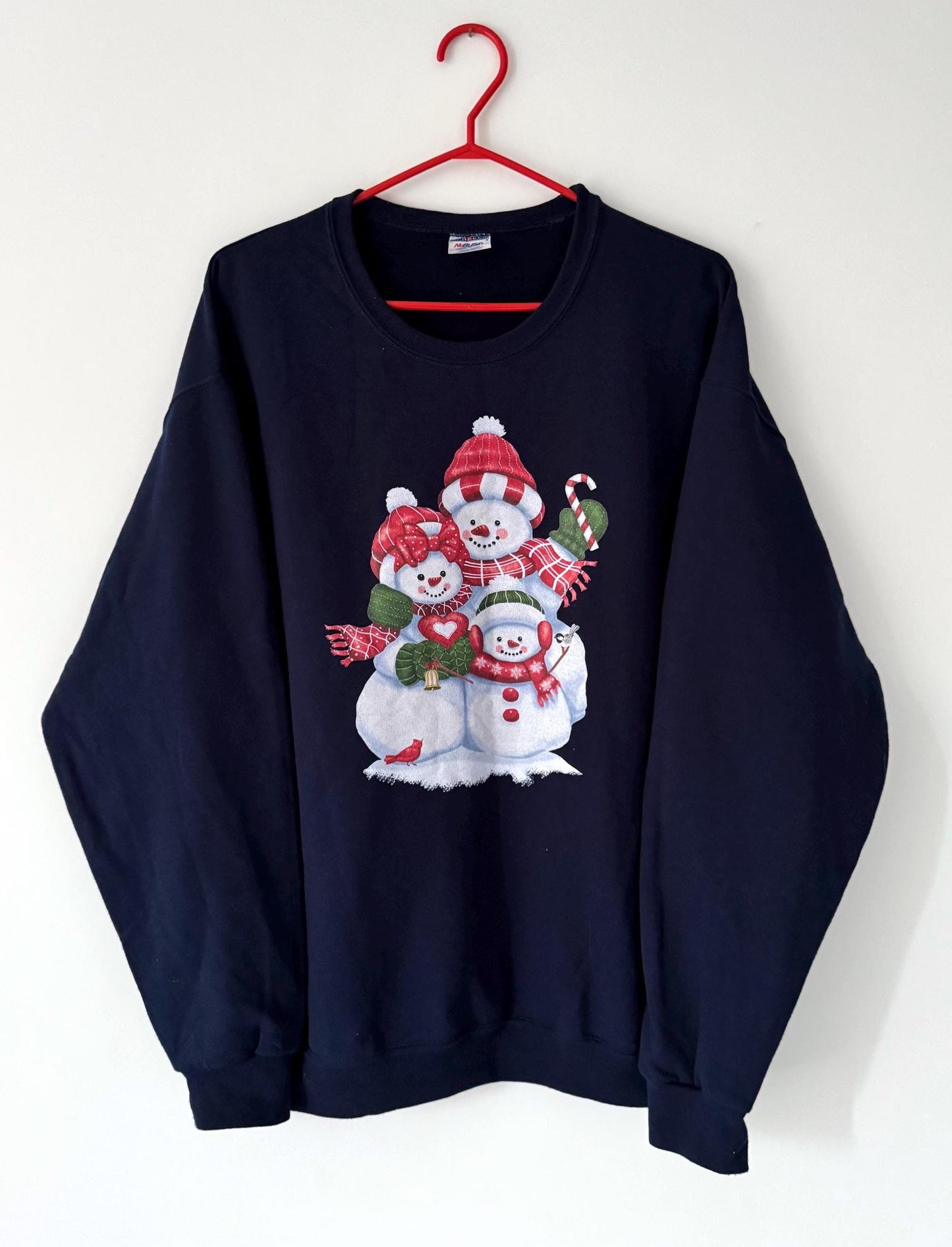 90s vintage blue holiday snowman winter graphic pullover sweatshirt – large